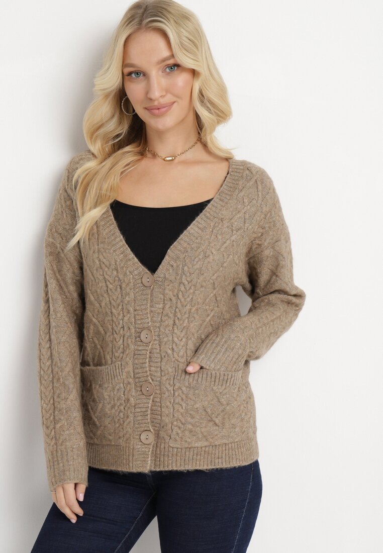 wool fashion Kardigan Bej cu Decolteu în V torsadat Mallak