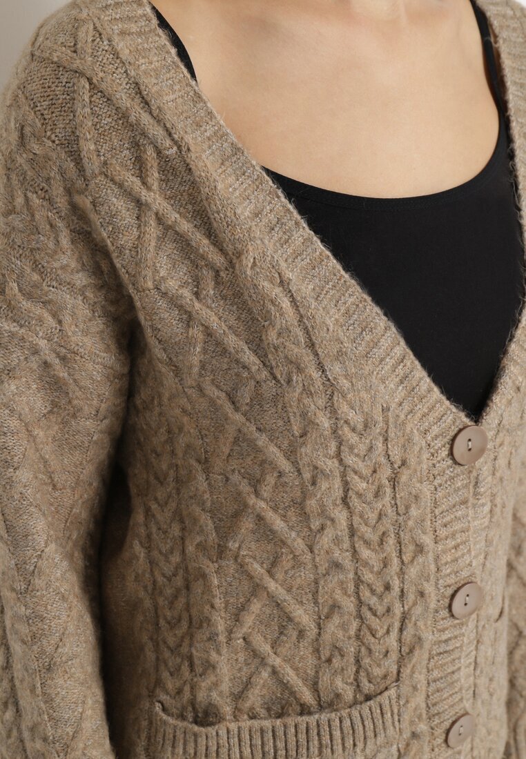 wool fashion Kardigan Bej cu Decolteu în V torsadat Mallak