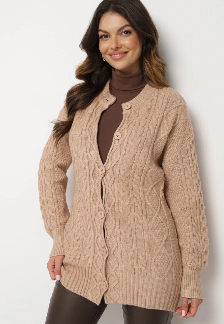 wool fashion Kardigan bej închis deschis decorat cu model în relief Melorisse