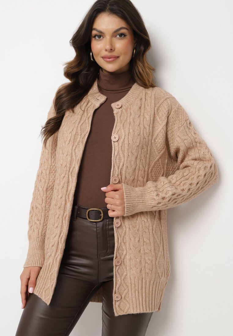 wool fashion Kardigan bej închis deschis decorat cu model în relief Melorisse