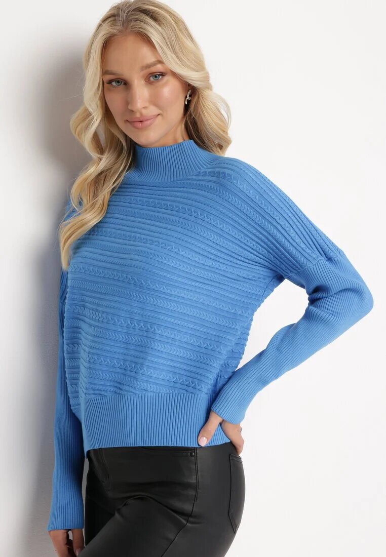 wool fashion Pulover Albastru cu Lână cu Croi Asimetric cu Imprimeu Sarositte