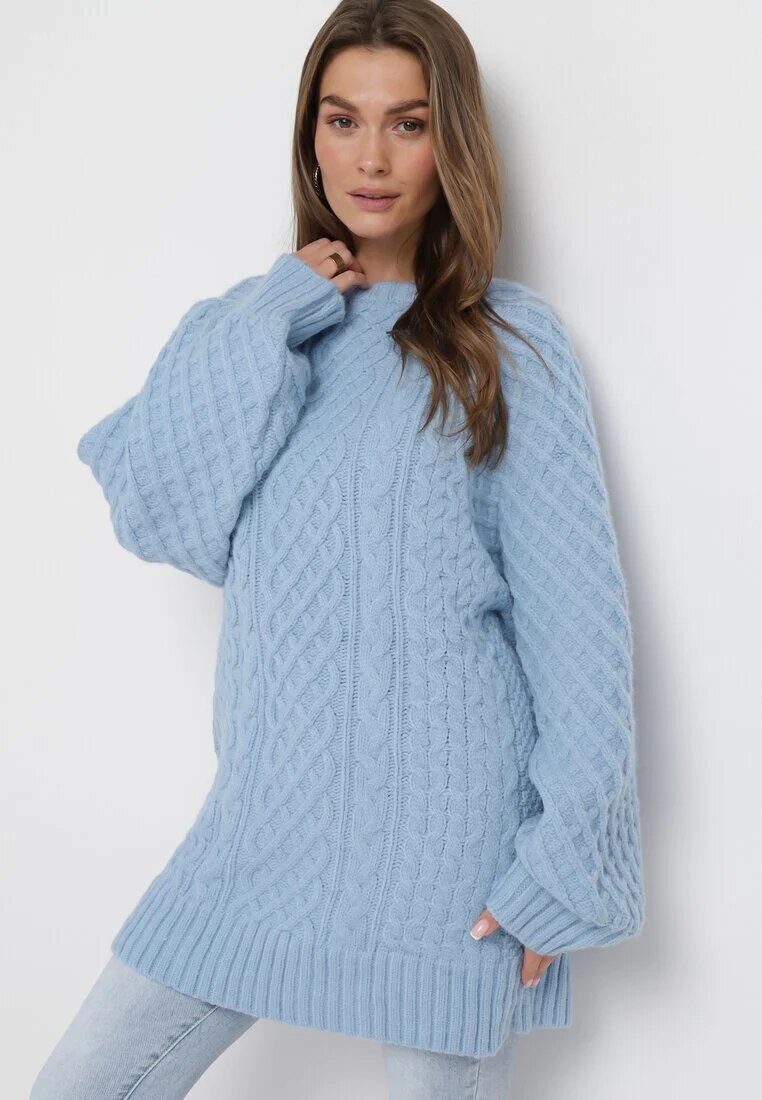 wool fashion Pulover Albastru deschis cu o croială alungită și cu o împletitură Ahexa modernă