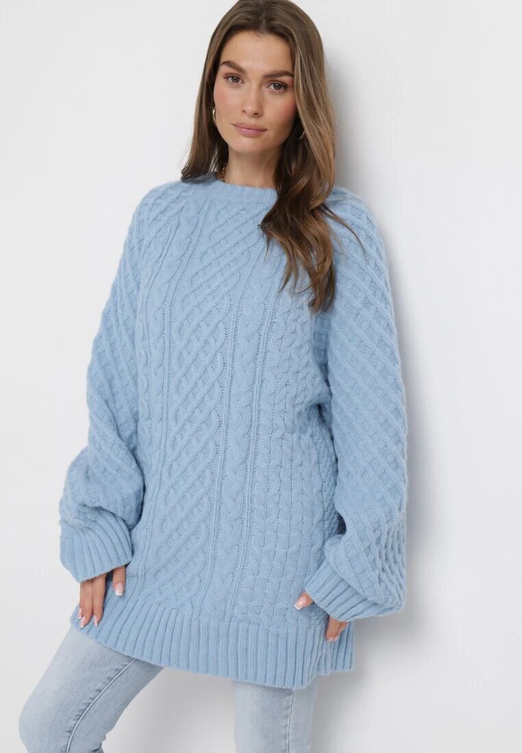 wool fashion Pulover Albastru deschis cu o croială alungită și cu o împletitură Ahexa modernă