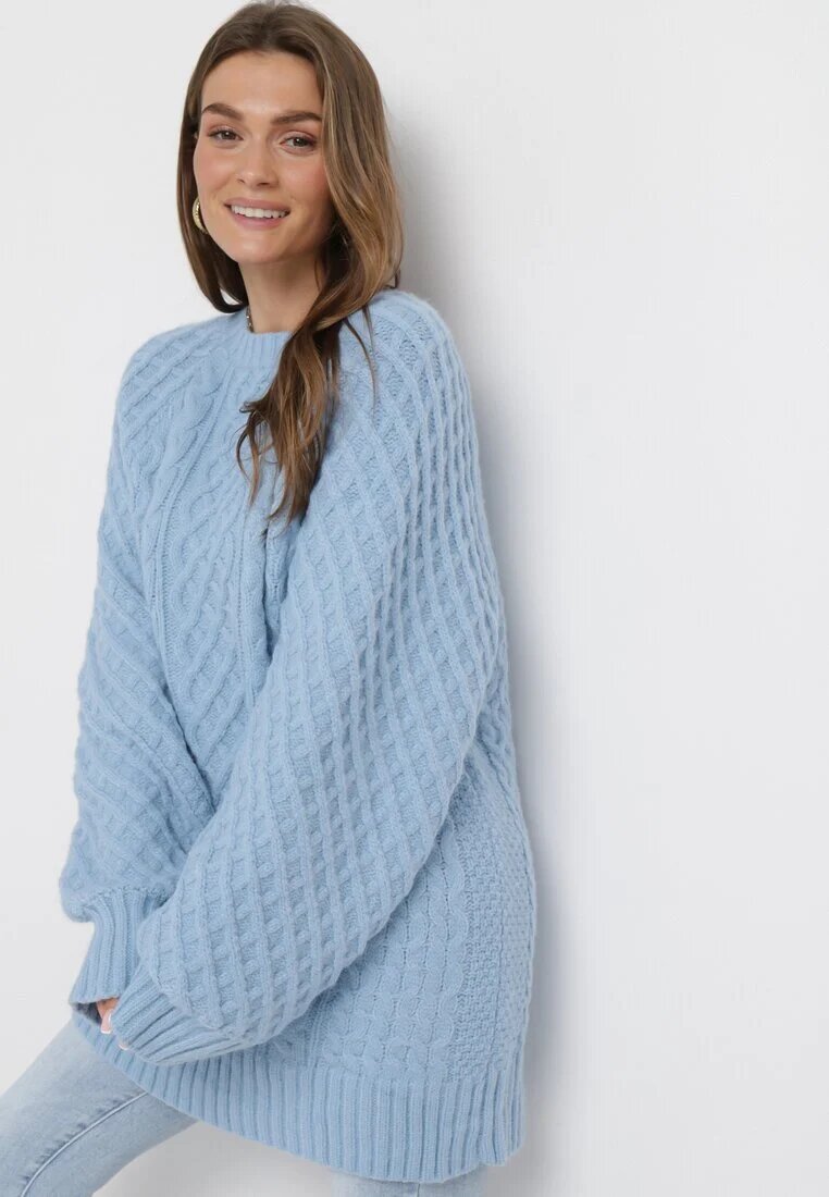 wool fashion Pulover Albastru deschis cu o croială alungită și cu o împletitură Ahexa modernă