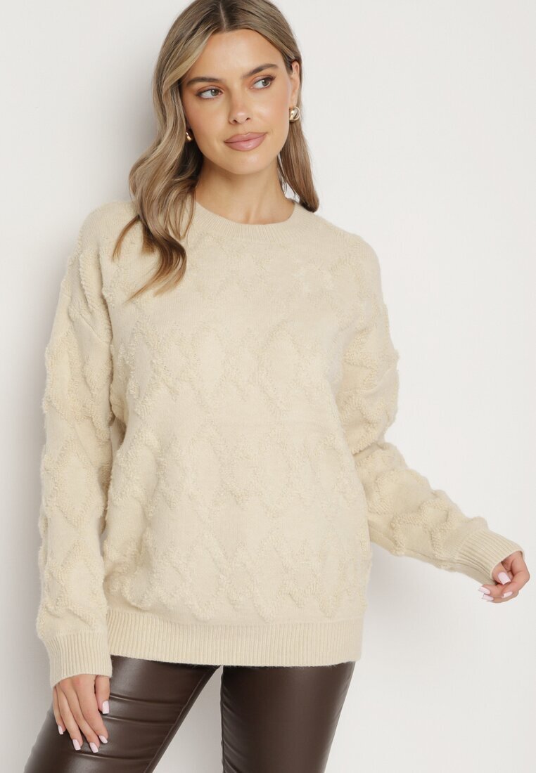 wool fashion Pulover Bej cu croială lejeră cu model și manșete elastice Elondrae