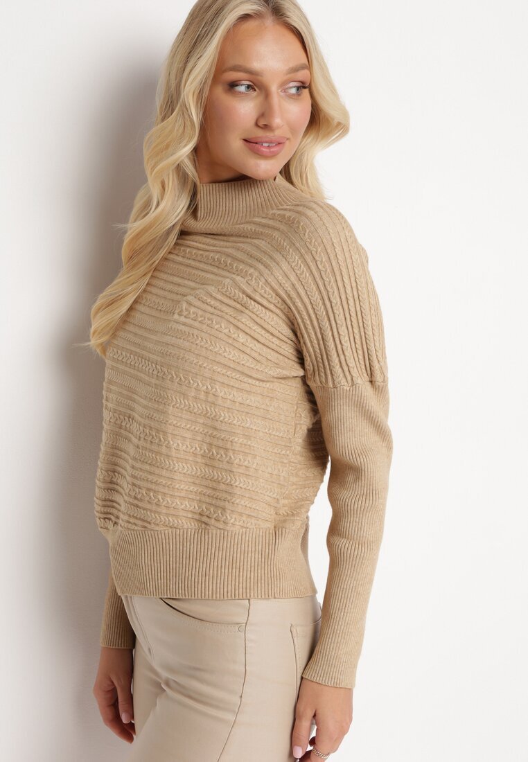 wool fashion Pulover Bej deschis cu Lână cu Croială Asimetrică cu Relief Sarositte