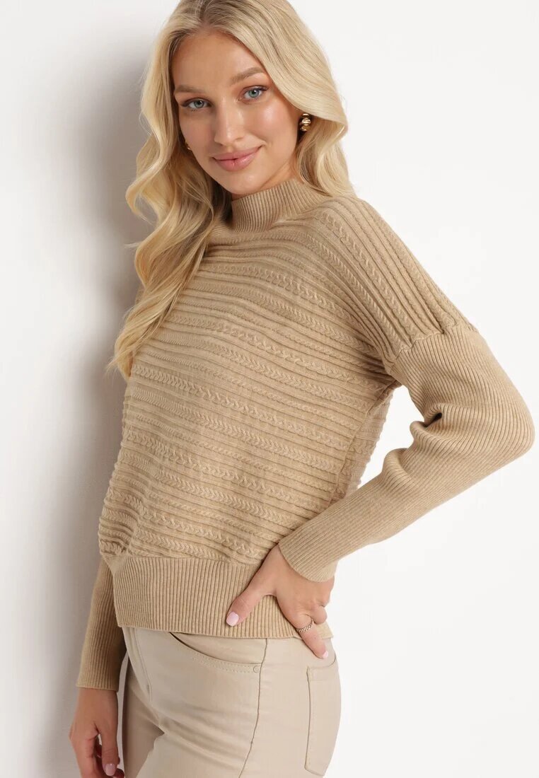 wool fashion Pulover Bej deschis cu Lână cu Croială Asimetrică cu Relief Sarositte