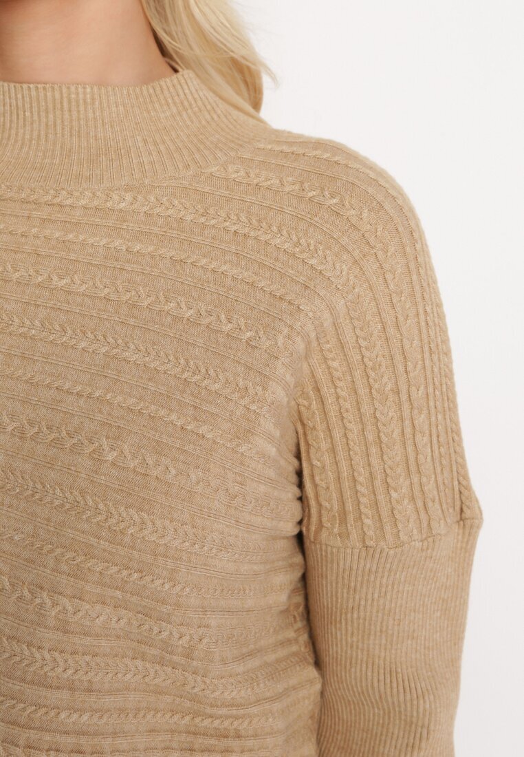 wool fashion Pulover Bej deschis cu Lână cu Croială Asimetrică cu Relief Sarositte