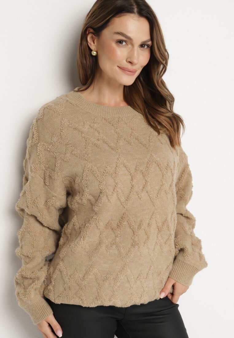 wool fashion Pulover bej închis cu croi lejer și cu tricotaj modelat cu benzi elastice Elondrae