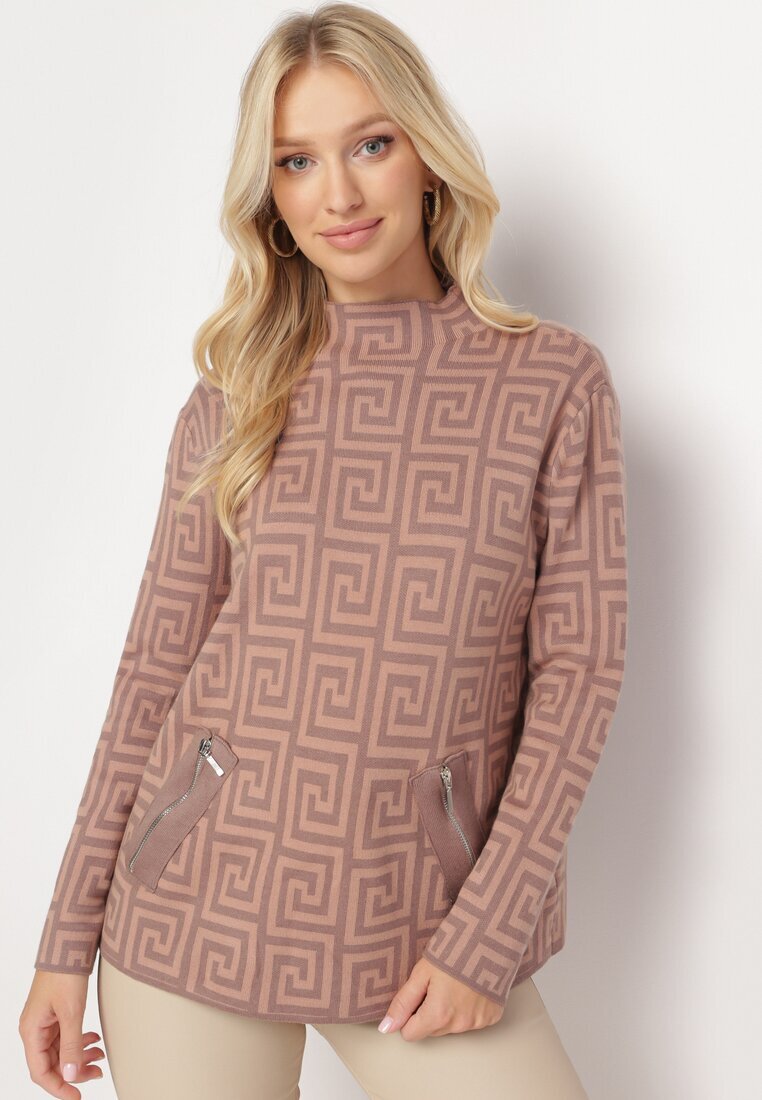 wool fashion Pulover Bej închis cu guler semi-înalt cu model geometric și fermoare decorative Waqaia