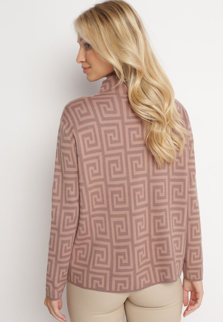 wool fashion Pulover Bej închis cu guler semi-înalt cu model geometric și fermoare decorative Waqaia