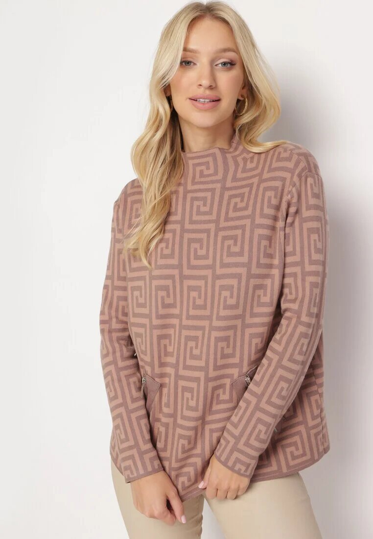 wool fashion Pulover Bej închis cu guler semi-înalt cu model geometric și fermoare decorative Waqaia