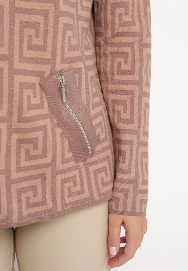 wool fashion Pulover Bej închis cu guler semi-înalt cu model geometric și fermoare decorative Waqaia