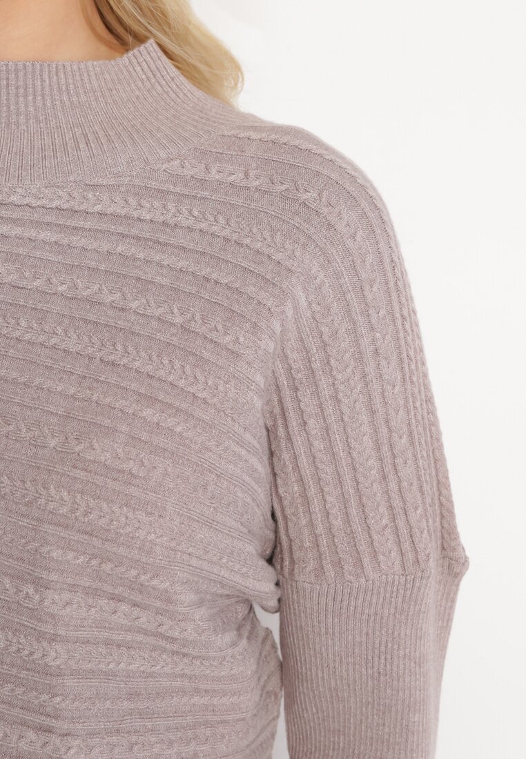 wool fashion Pulover Bej închis cu Lână cu Fason Asimetric cu Model în Relief Sarositte