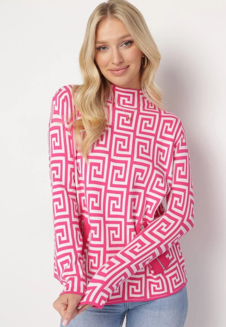 wool fashion Pulover Fucsia cu guler semi-înalt cu model geometric și fermoare decorative Waqaia