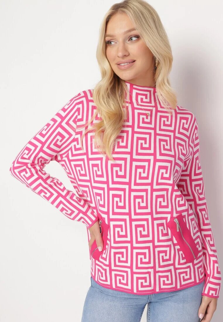 wool fashion Pulover Fucsia cu guler semi-înalt cu model geometric și fermoare decorative Waqaia
