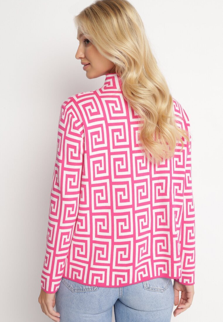 wool fashion Pulover Fucsia cu guler semi-înalt cu model geometric și fermoare decorative Waqaia