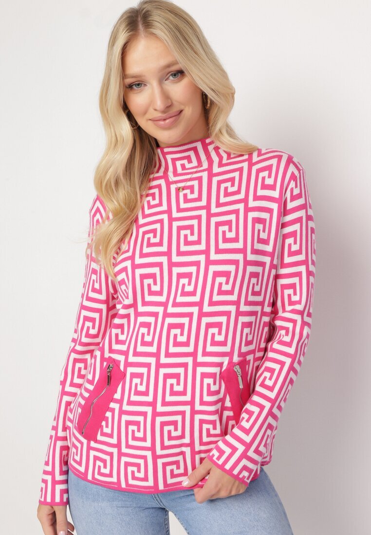 wool fashion Pulover Fucsia cu guler semi-înalt cu model geometric și fermoare decorative Waqaia