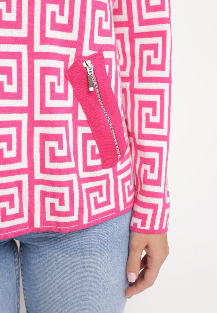 wool fashion Pulover Fucsia cu guler semi-înalt cu model geometric și fermoare decorative Waqaia