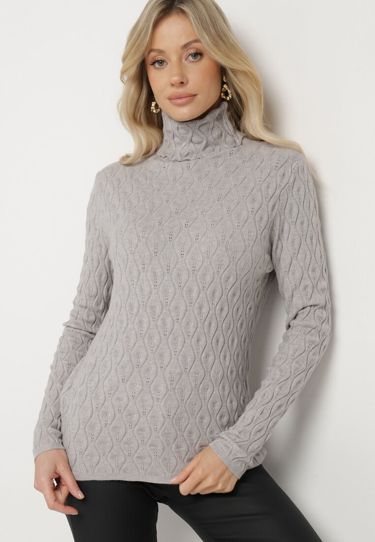 wool fashion Pulover Gri cu Viscoză Decorat cu Model în relief și Fir Metalic Ilamirael