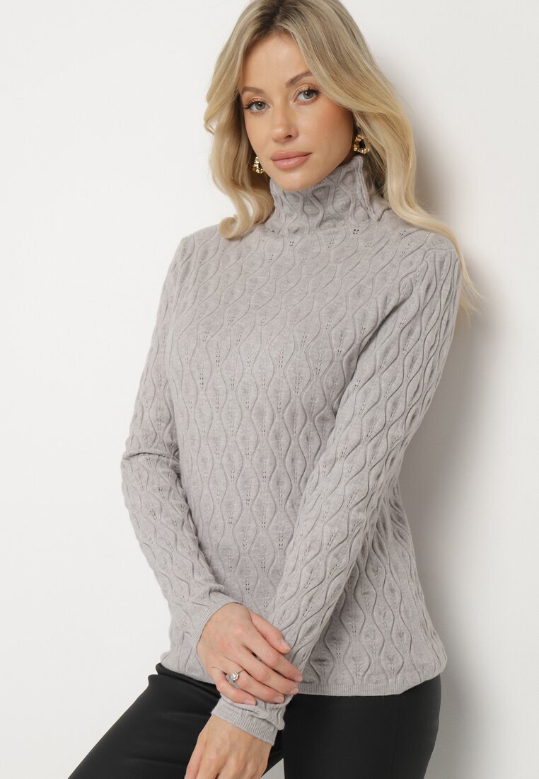 wool fashion Pulover Gri cu Viscoză Decorat cu Model în relief și Fir Metalic Ilamirael