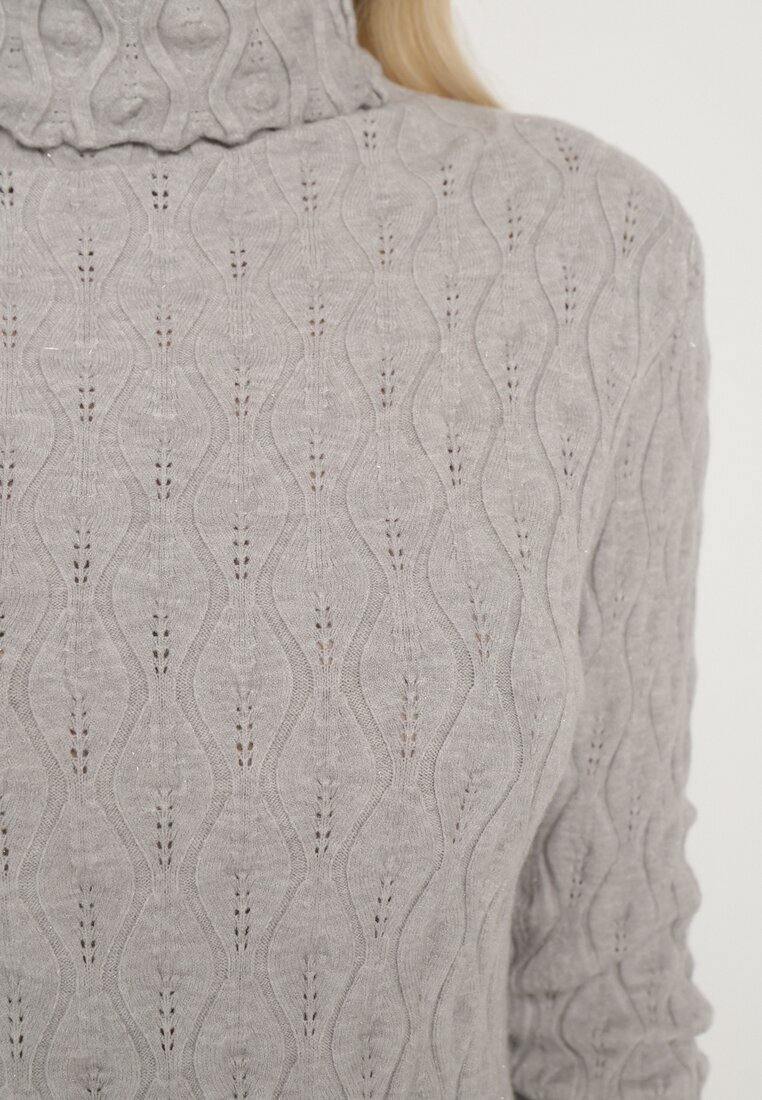 wool fashion Pulover Gri cu Viscoză Decorat cu Model în relief și Fir Metalic Ilamirael