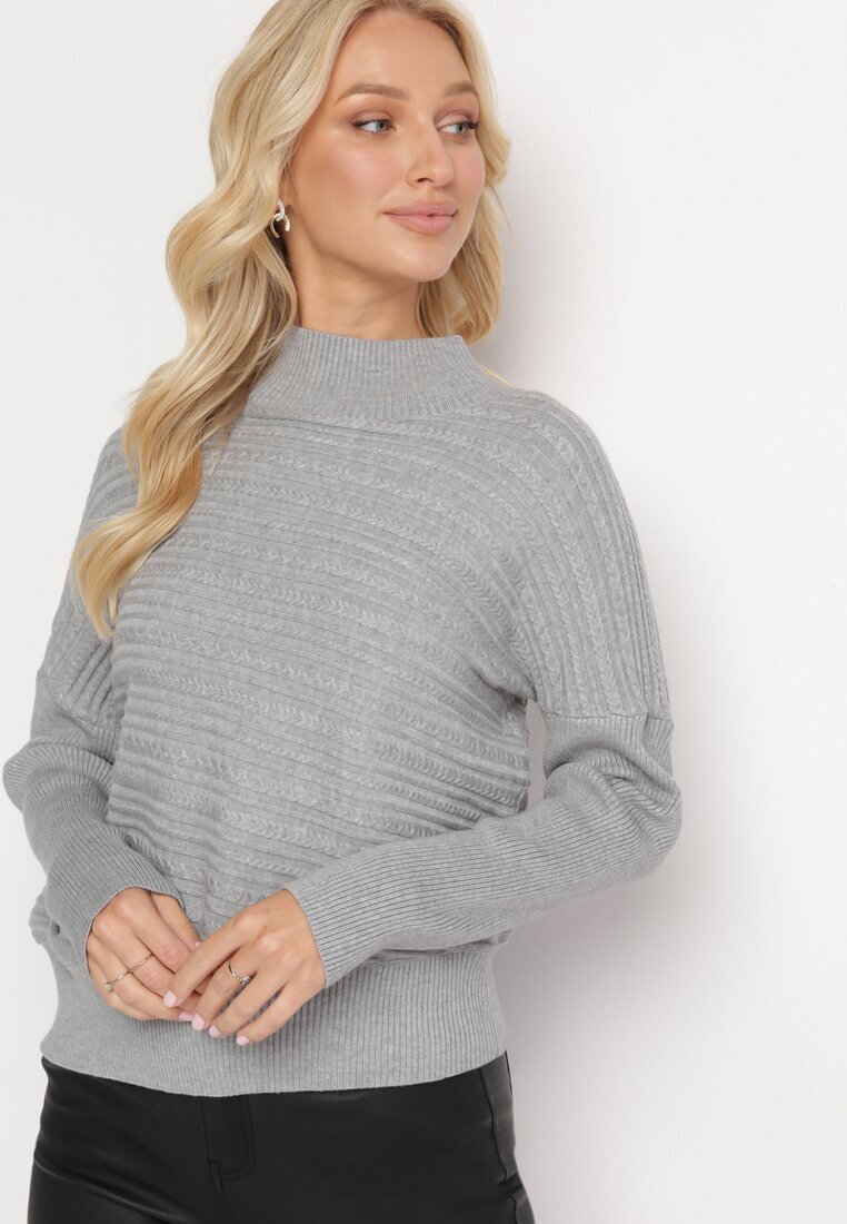 wool fashion Pulover Gri din Lână cu Croi Asimetric cu Imprimeu Sarositte