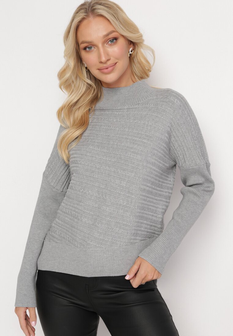 wool fashion Pulover Gri din Lână cu Croi Asimetric cu Imprimeu Sarositte