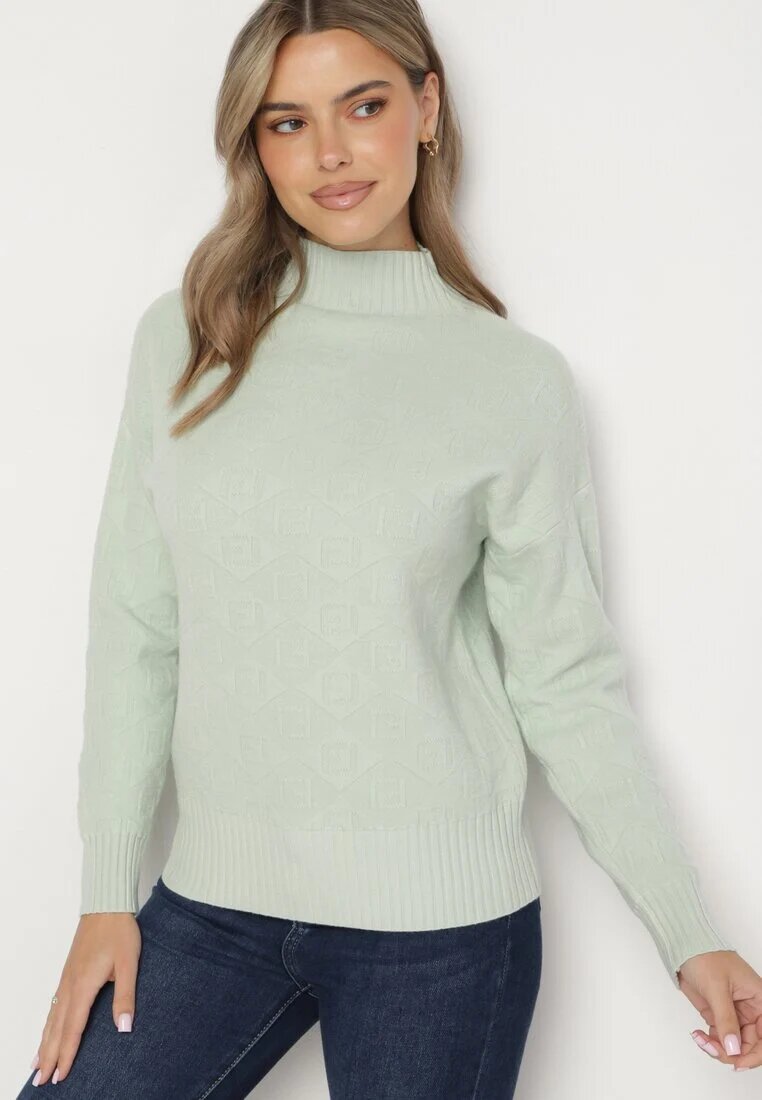 wool fashion Pulover maletă mentă cu relief decorativ și manșete elastice Melodiea