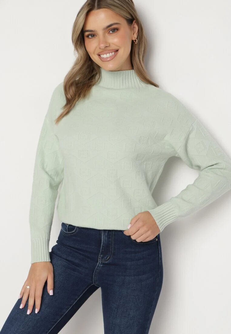 wool fashion Pulover maletă mentă cu relief decorativ și manșete elastice Melodiea