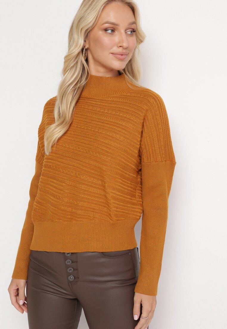 wool fashion Pulover Maro deschis cu Lână cu Croială Asimetrică cu Imprimeu în Relief Sarositte