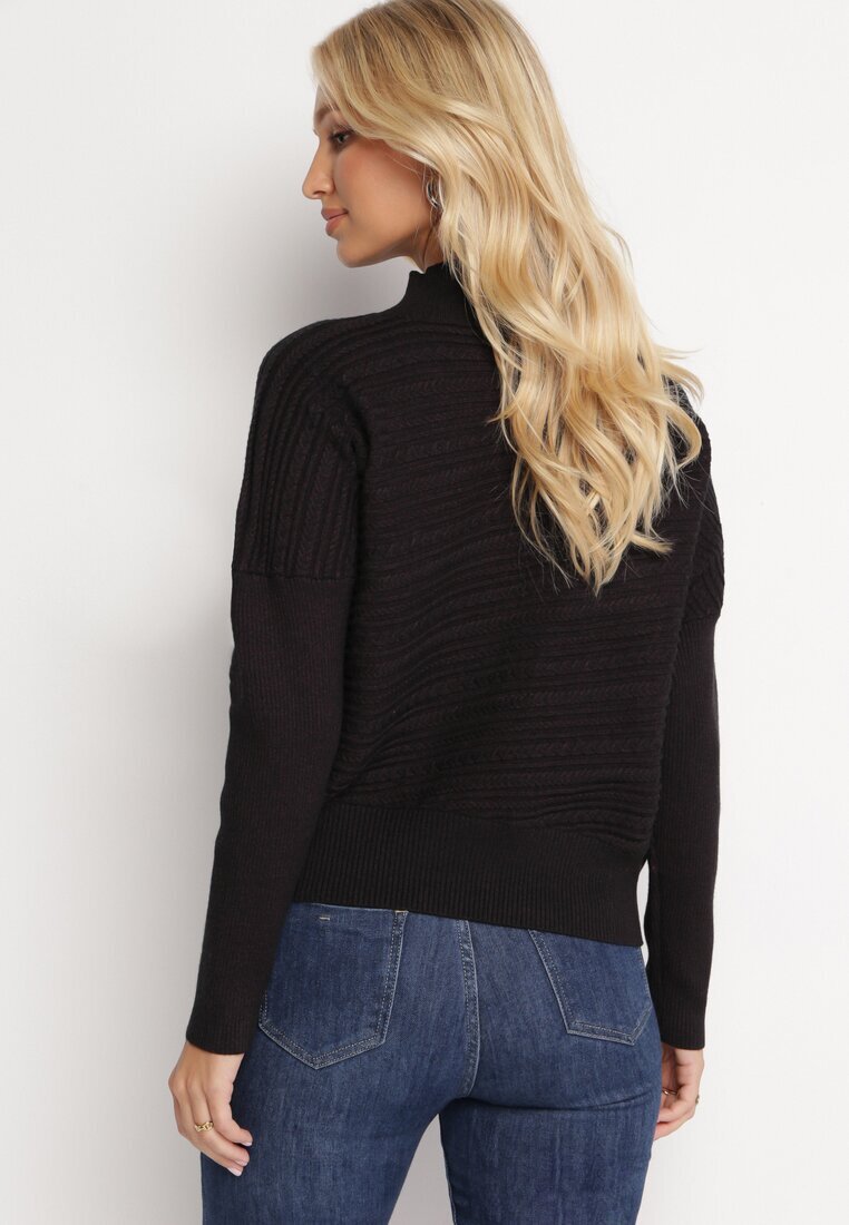 wool fashion Pulover Negru cu Lână Asimetric cu Relief Sarositte