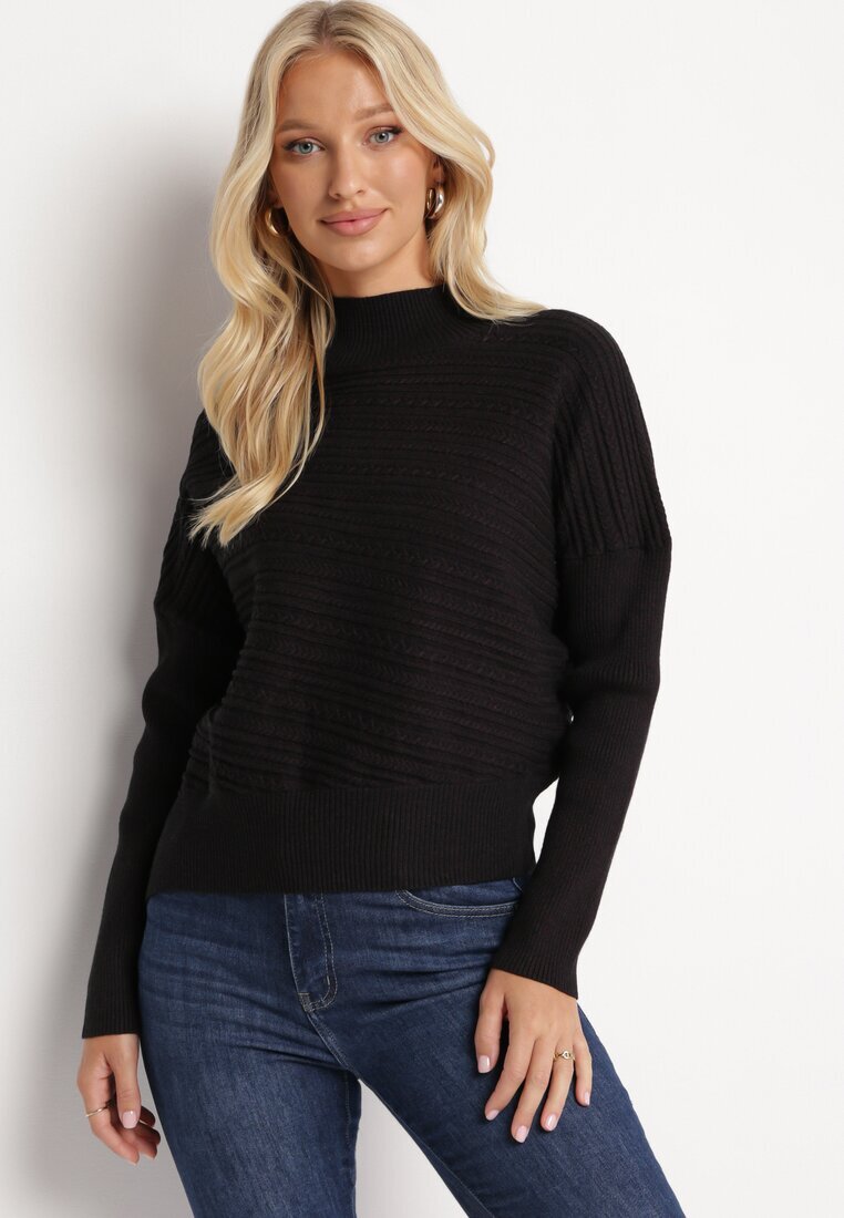 wool fashion Pulover Negru cu Lână Asimetric cu Relief Sarositte