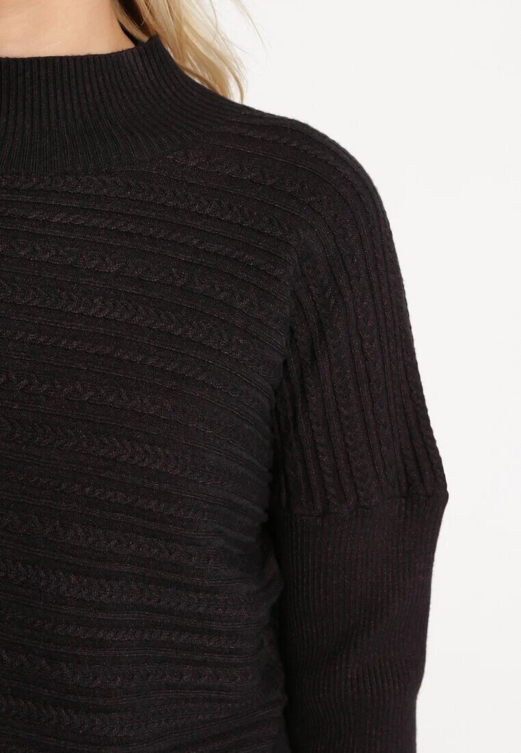 wool fashion Pulover Negru cu Lână Asimetric cu Relief Sarositte