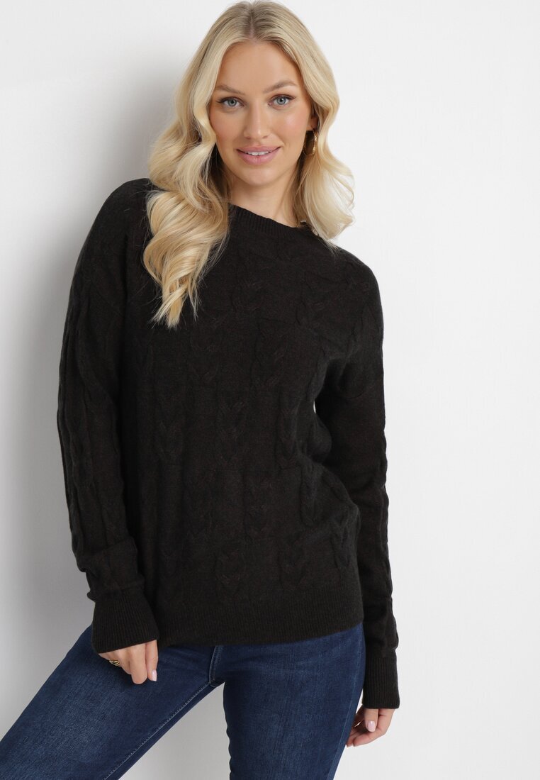 wool fashion Pulover negru cu model împletit cu decolteu rotund Selinera