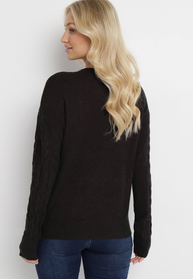 wool fashion Pulover negru cu model împletit cu decolteu rotund Selinera