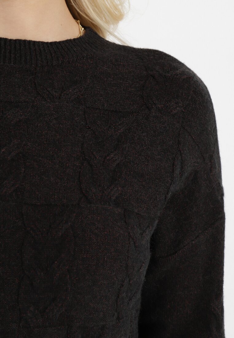 wool fashion Pulover negru cu model împletit cu decolteu rotund Selinera