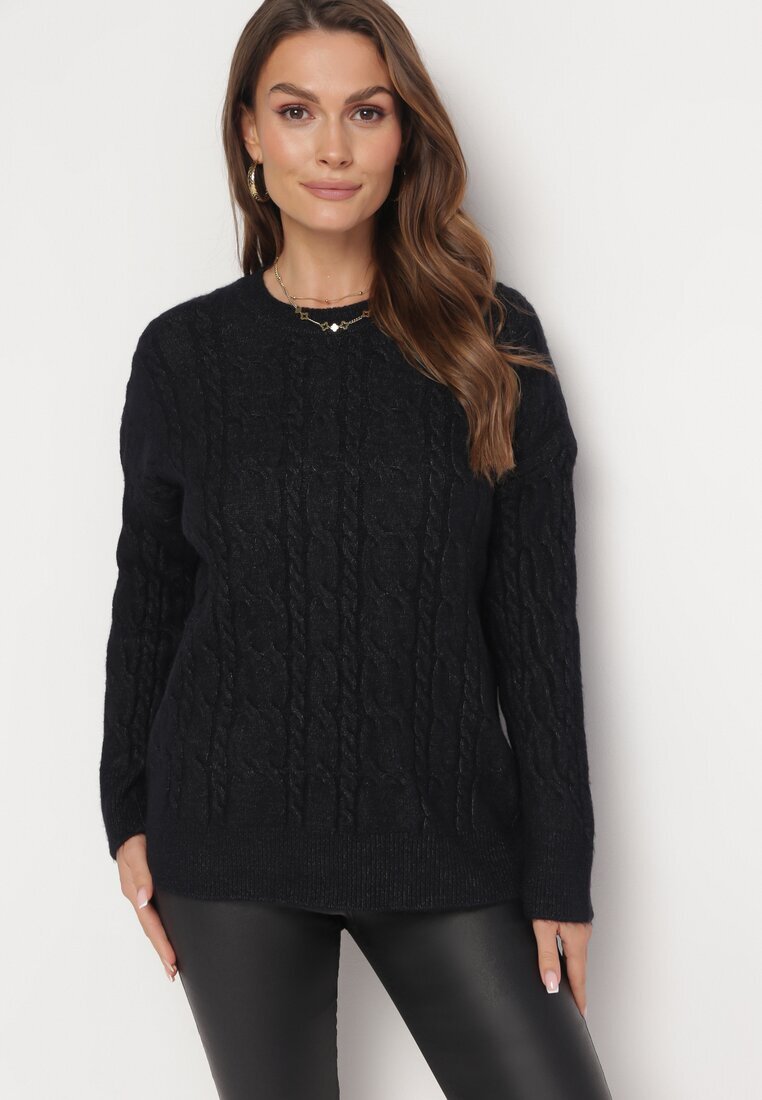 wool fashion Pulover Negru Decorat cu împletitură clasică Lacemisa