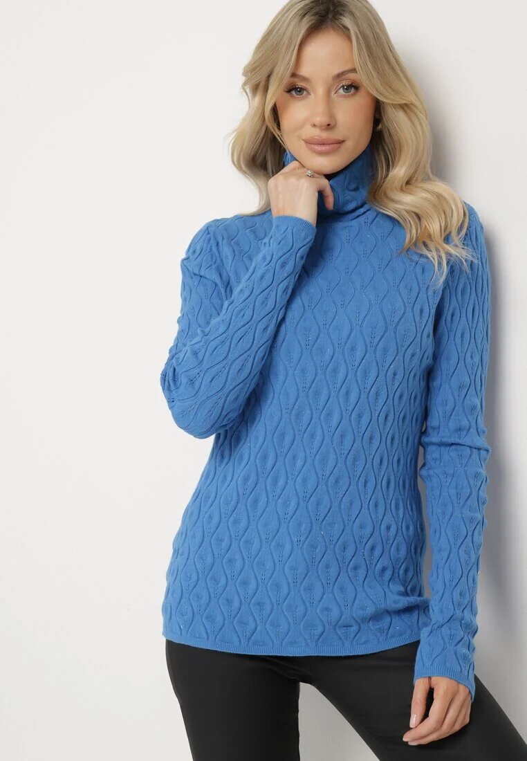 wool fashion Pulover pe gât Albastru cu Vâscoză Decorat cu model în relief și cu fir metalic Ilamirael