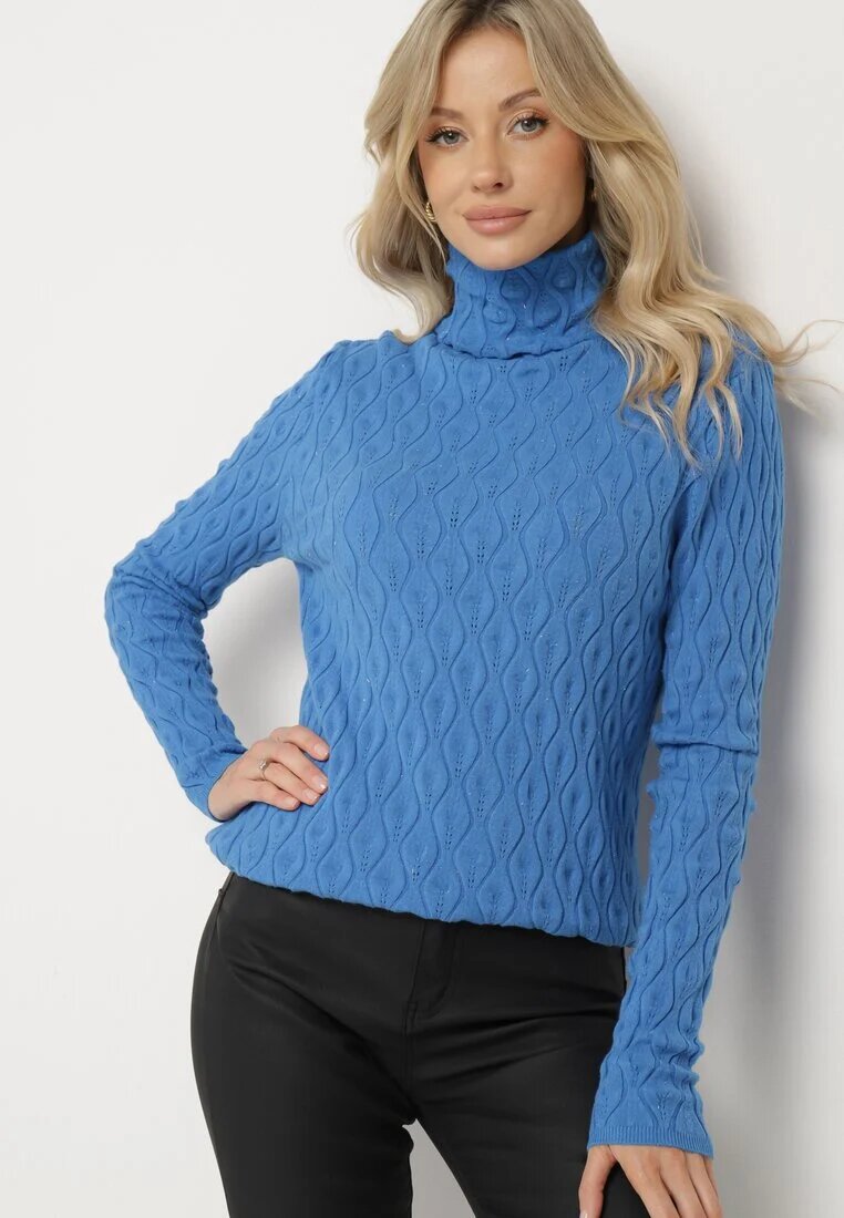 wool fashion Pulover pe gât Albastru cu Vâscoză Decorat cu model în relief și cu fir metalic Ilamirael