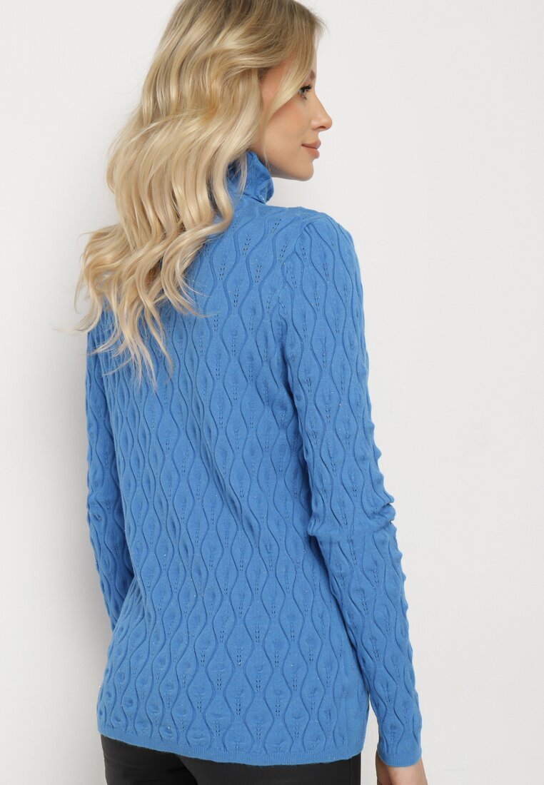 wool fashion Pulover pe gât Albastru cu Vâscoză Decorat cu model în relief și cu fir metalic Ilamirael