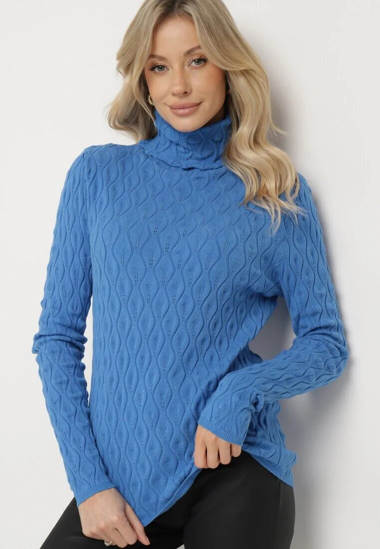 wool fashion Pulover pe gât Albastru cu Vâscoză Decorat cu model în relief și cu fir metalic Ilamirael
