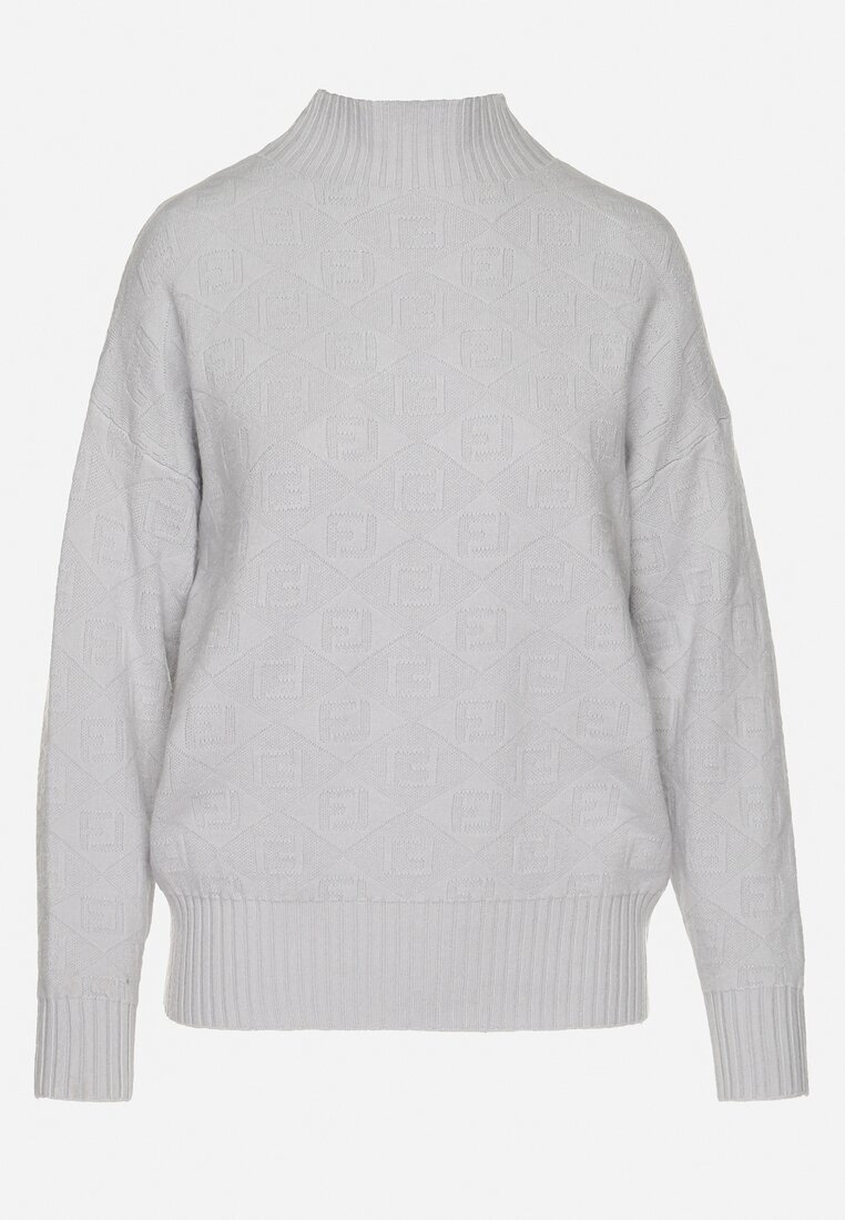 wool fashion Pulover pe gât Gri deschis cu model decorativ în relief cu finisaj reiat Melodiea