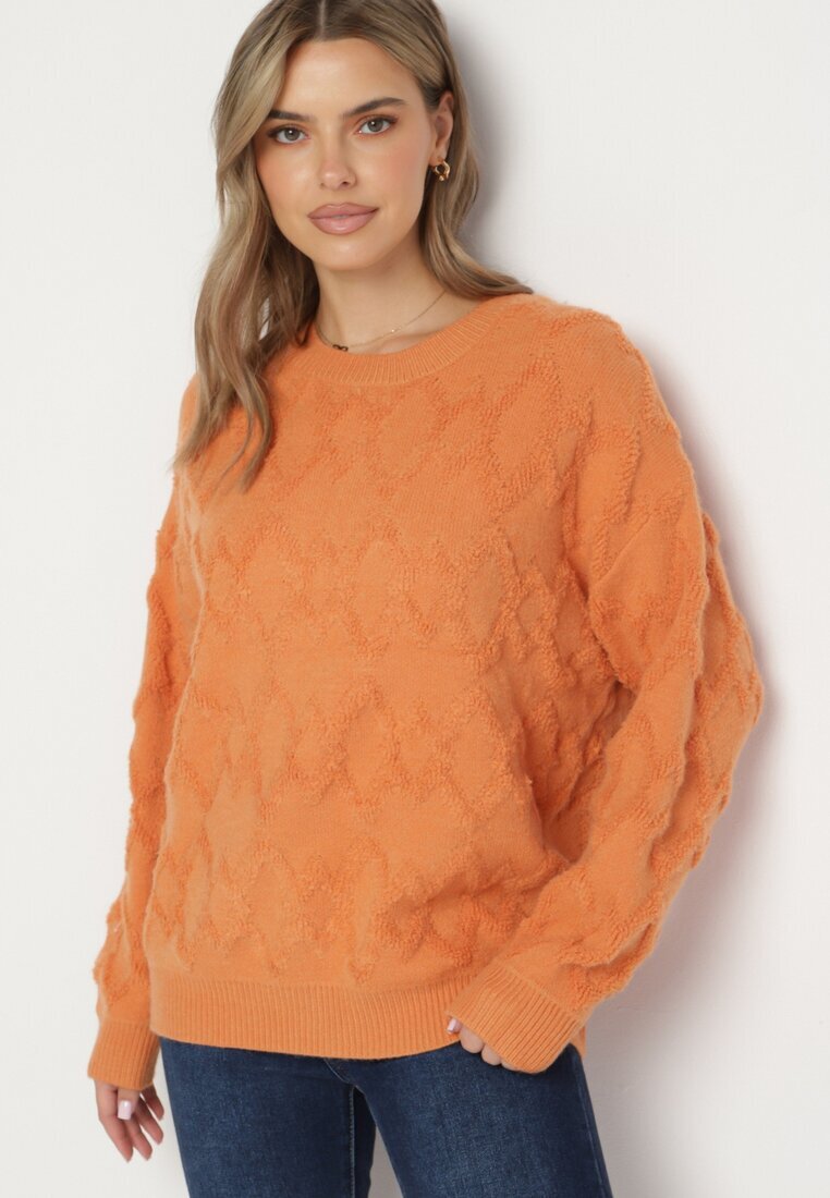 wool fashion Pulover Portocaliu cu croială lejeră și tricotaj cu model cu borduri elastice Elondrae