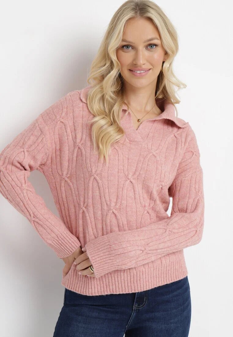 wool fashion Pulover Roz Clasic cu model împletit decorativ Mulls