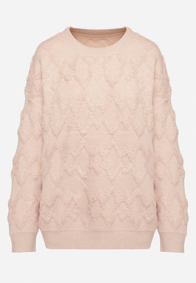 wool fashion Pulover roz deschis cu croi lejer și model tricotat cu borduri reiate Elondrae