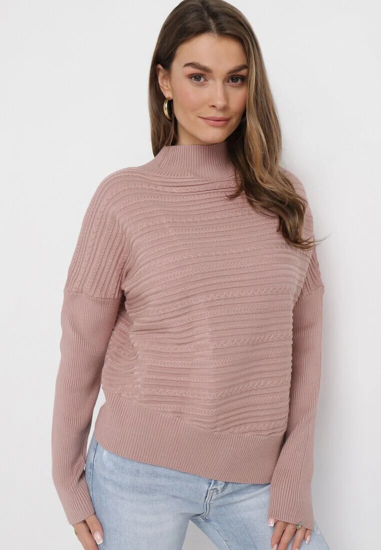 wool fashion Pulover Roz închis cu Lână cu Croi Asimetric cu Relief Sarositte