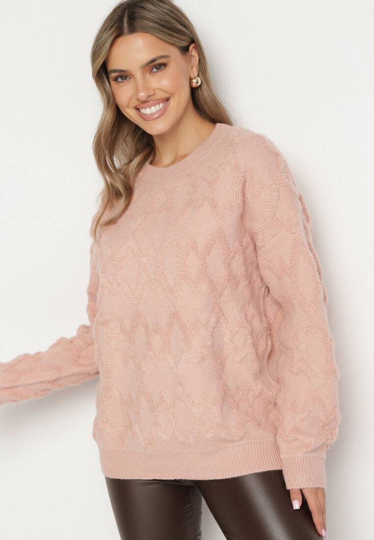 wool fashion Pulover Roz Lejer cu împletitură modelată și tivuri elastice Elondrae