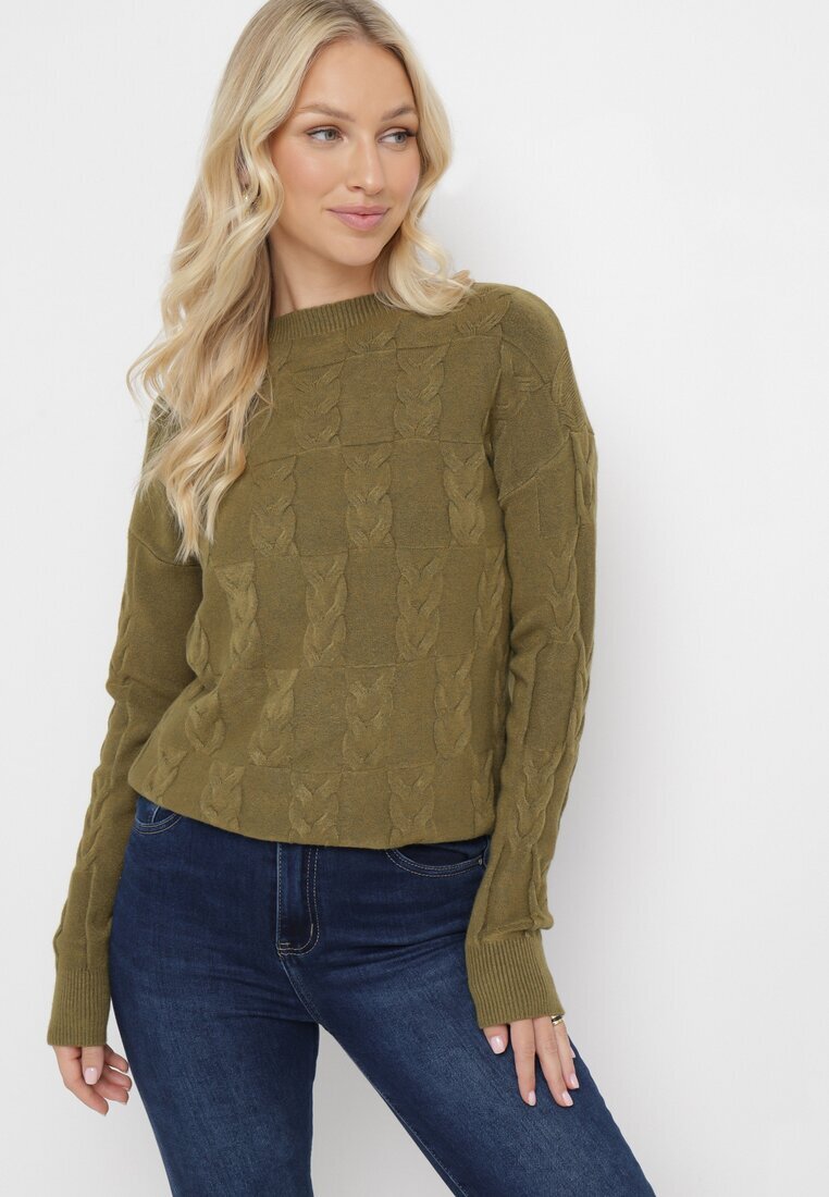 wool fashion Pulover Verde închis cu model torsadat și decolteu rotund Selinera