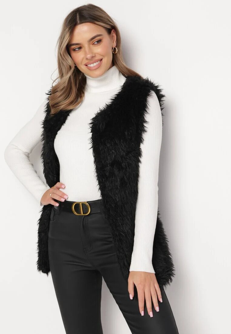 wool fashion Vestă Neagră De blană cu Centură Legată Nymiss